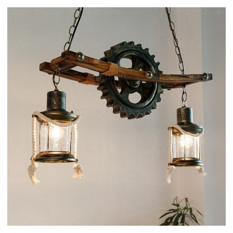2 Luzes Country Rústico Vintage Retro Pendente Luz com Sombra de Vidro