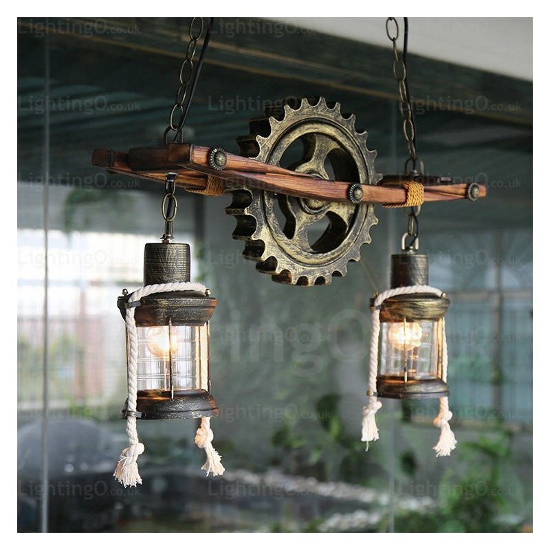 2 Luzes Country Rústico Vintage Retro Pendente Luz com Sombra de Vidro