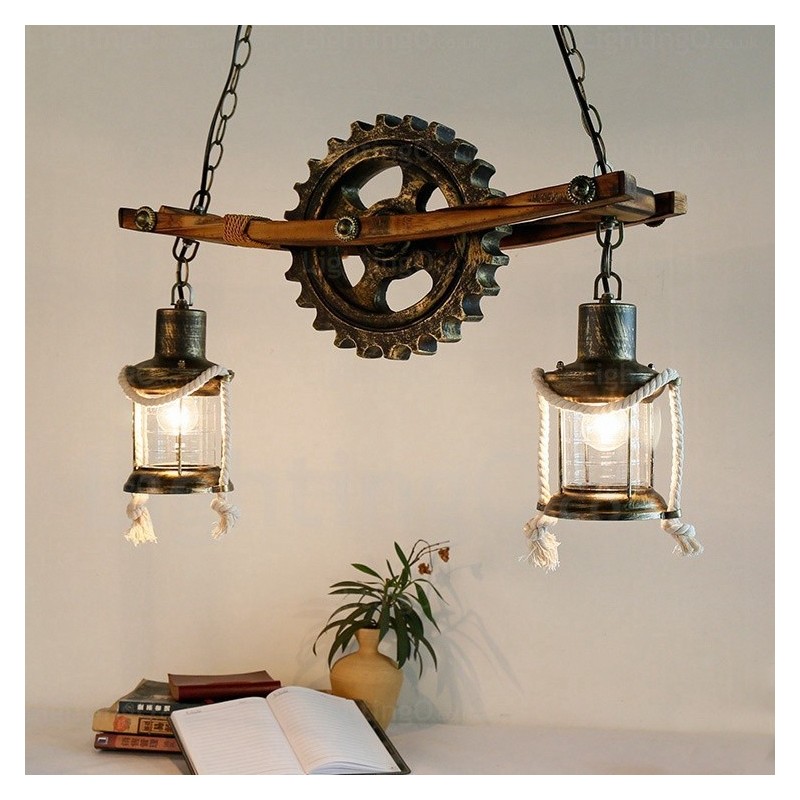 2 Luzes Country Rústico Vintage Retro Pendente Luz com Sombra de Vidro