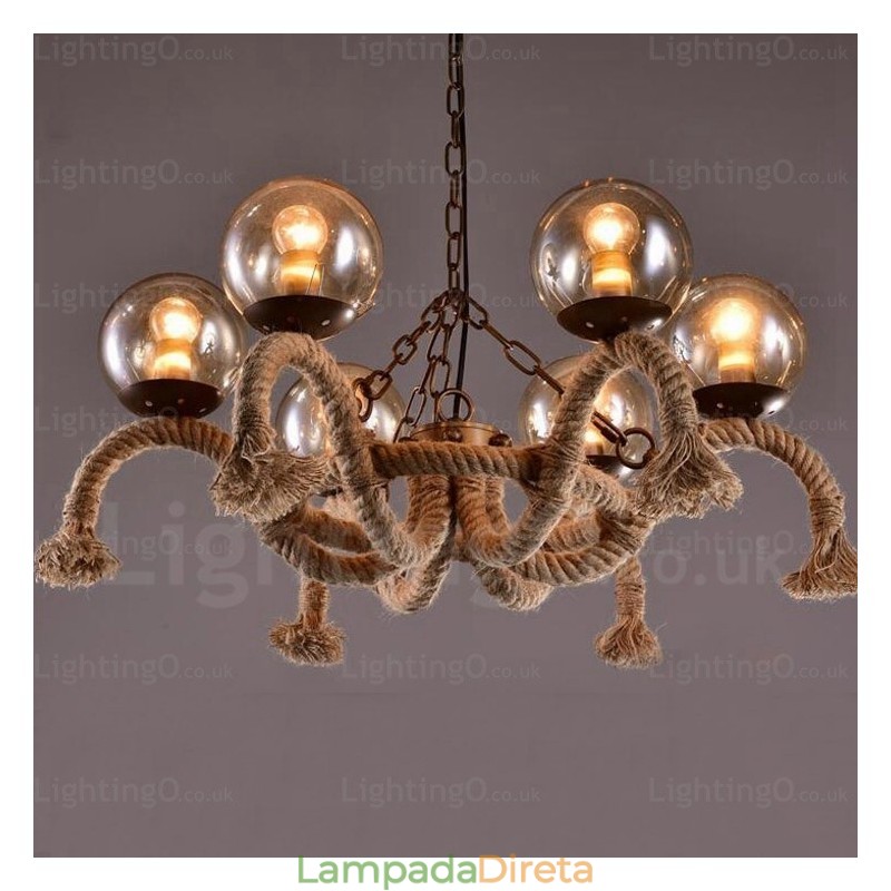 Luminária pendente retrô vintage de 6 luzes com cúpula de vidro