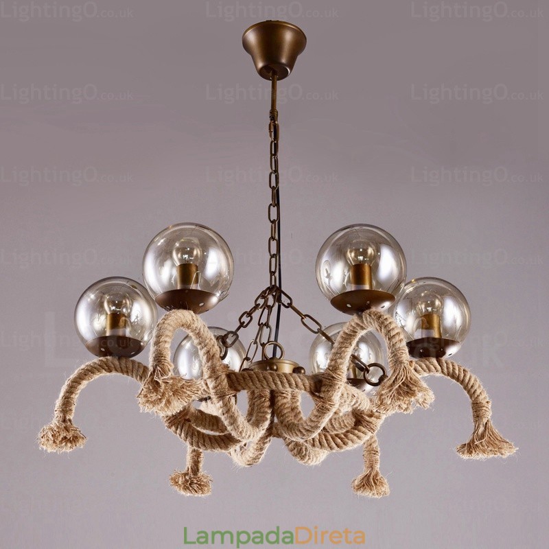 Luminária pendente retrô vintage de 6 luzes com cúpula de vidro