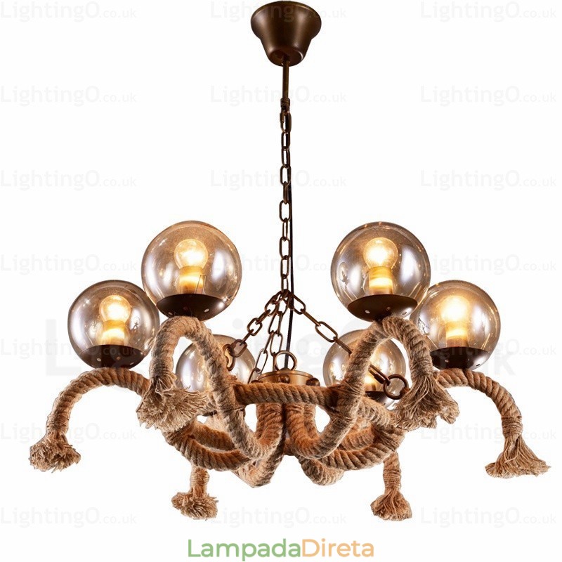 Luminária pendente retrô vintage de 6 luzes com cúpula de vidro