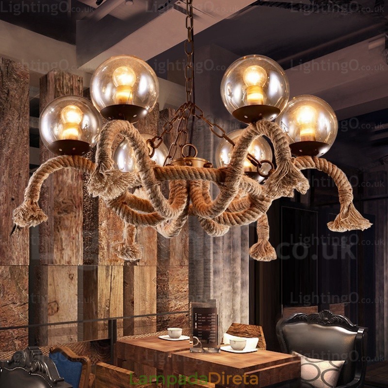 Luminária pendente retrô vintage de 6 luzes com cúpula de vidro