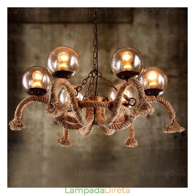Luminária pendente retrô vintage de 6 luzes com cúpula de vidro