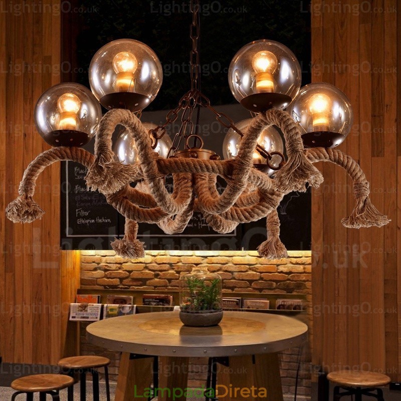 Luminária pendente retrô vintage de 6 luzes com cúpula de vidro