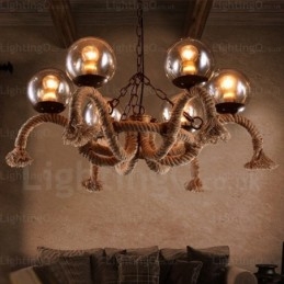 Luminária pendente retrô vintage de 6 luzes com cúpula de vidro