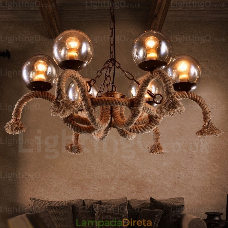 Luminária pendente retrô vintage de 6 luzes com cúpula de vidro