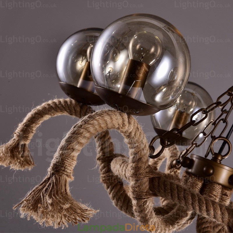 Luminária pendente retrô vintage de 6 luzes com cúpula de vidro