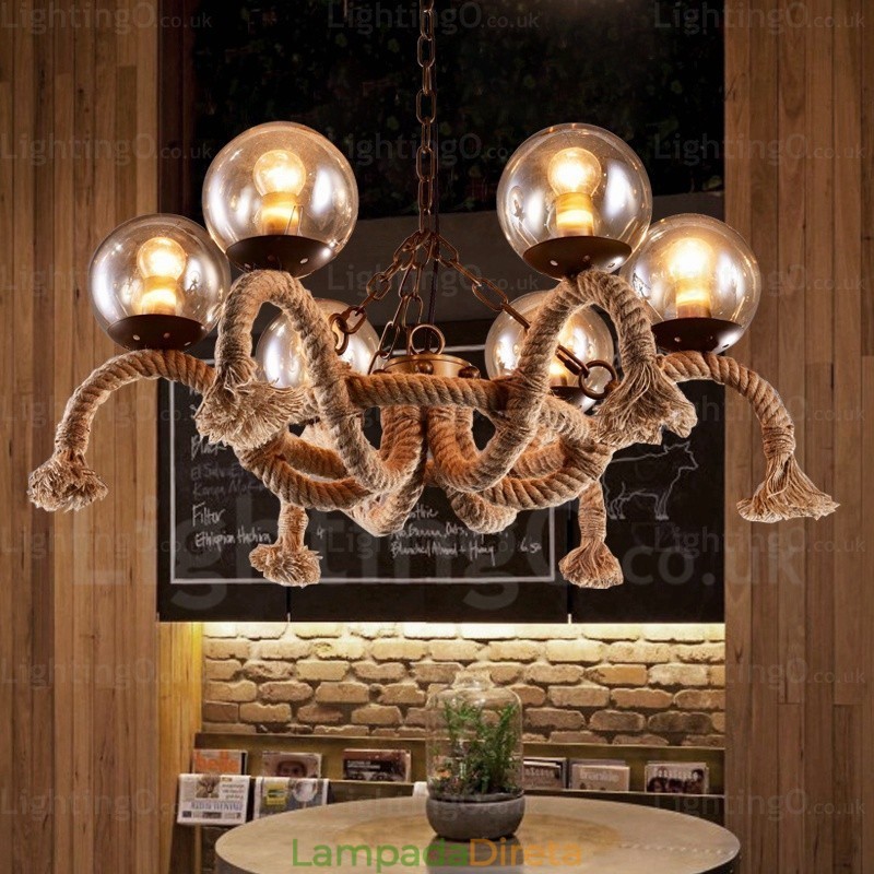 Luminária pendente retrô vintage de 6 luzes com cúpula de vidro