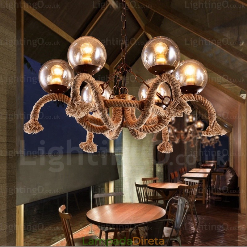 Luminária pendente retrô vintage de 6 luzes com cúpula de vidro
