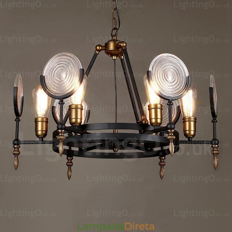 Luminária pendente retrô vintage de 6 luzes com cúpula de vidro