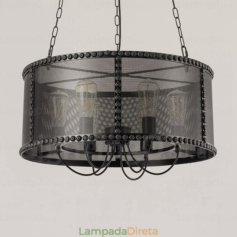 Luminária pendente retrô vintage de 6 luzes com cúpula de aço inoxidável