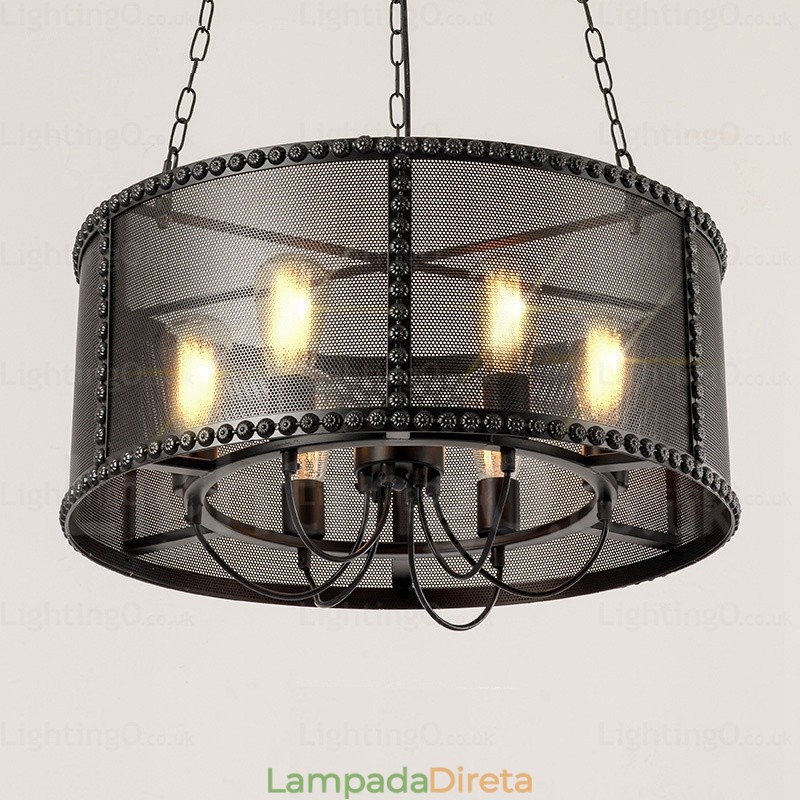 Luminária pendente retrô vintage de 6 luzes com cúpula de aço inoxidável