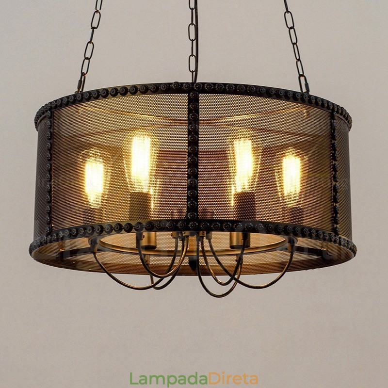 Luminária pendente retrô vintage de 6 luzes com cúpula de aço inoxidável