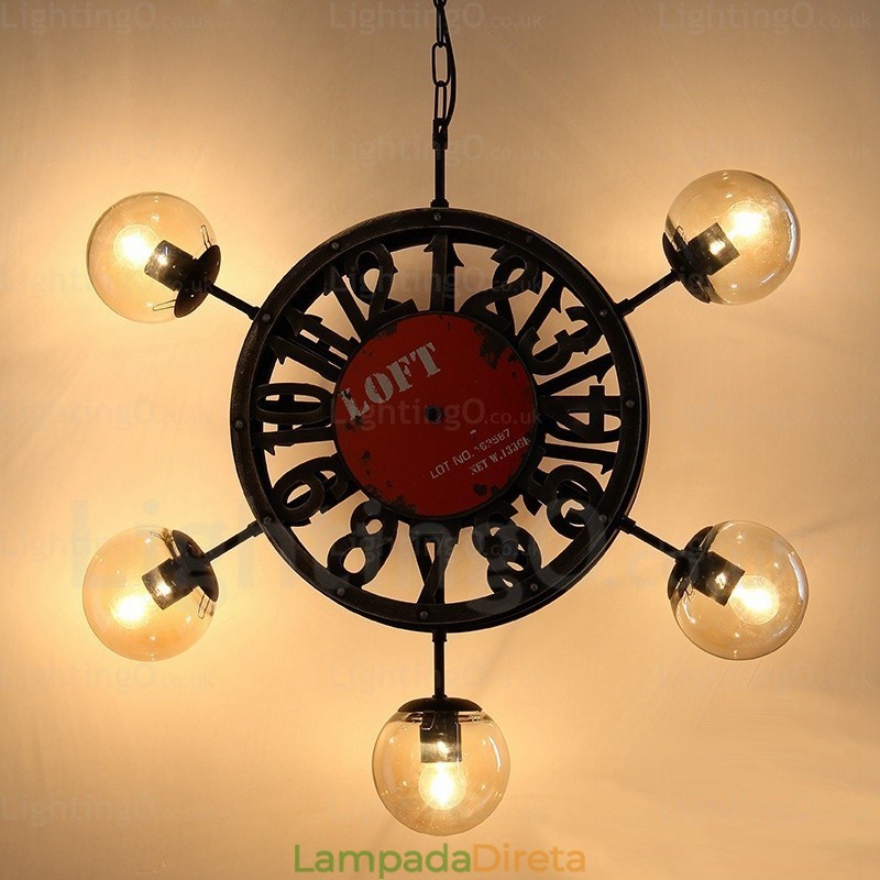 Luminária pendente retrô vintage de 5 luzes com cúpula de vidro