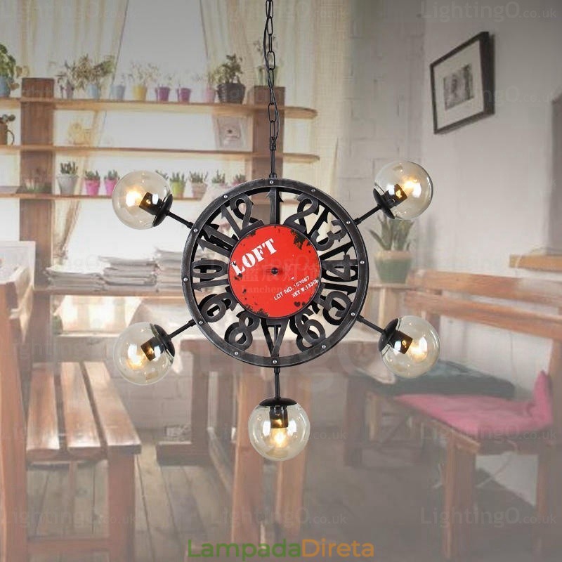 Luminária pendente retrô vintage de 5 luzes com cúpula de vidro