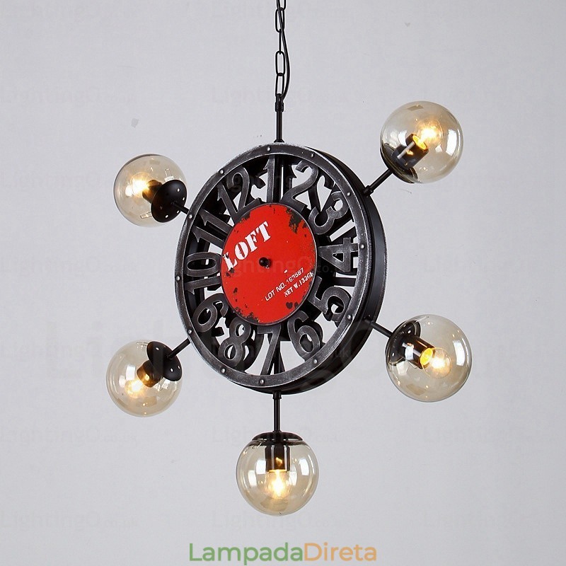 Luminária pendente retrô vintage de 5 luzes com cúpula de vidro