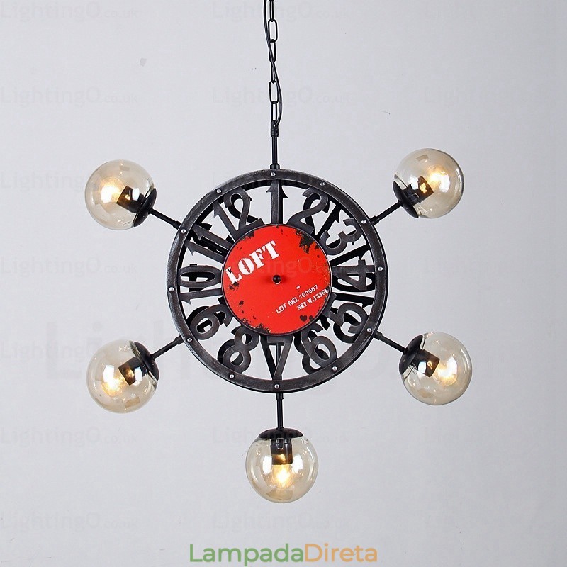 Luminária pendente retrô vintage de 5 luzes com cúpula de vidro