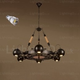 Luminária pendente retrô vintage de 6 luzes com cúpula de aço inoxidável
