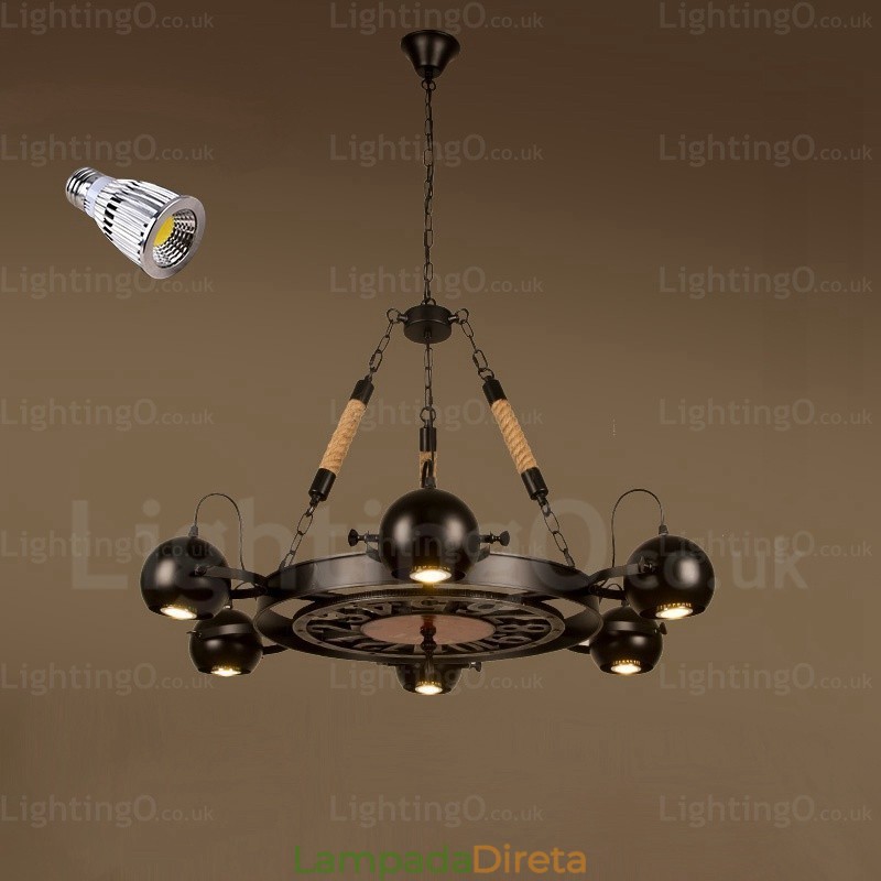 Luminária pendente retrô vintage de 6 luzes com cúpula de aço inoxidável