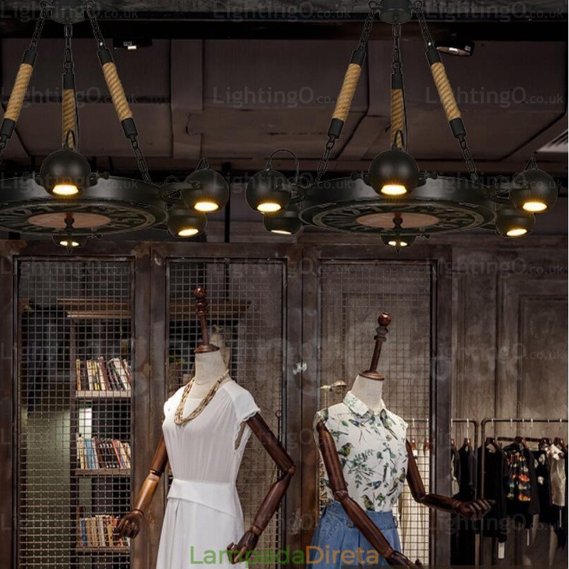 Luminária pendente retrô vintage de 6 luzes com cúpula de aço inoxidável