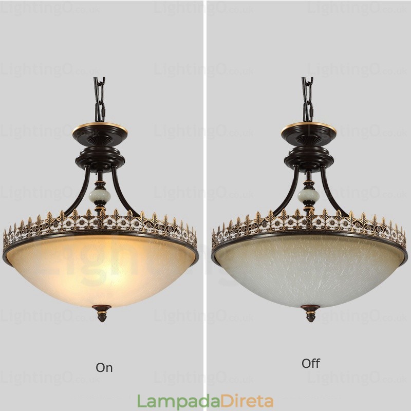 Luminária pendente rústica de 3 luzes com cúpula de vidro