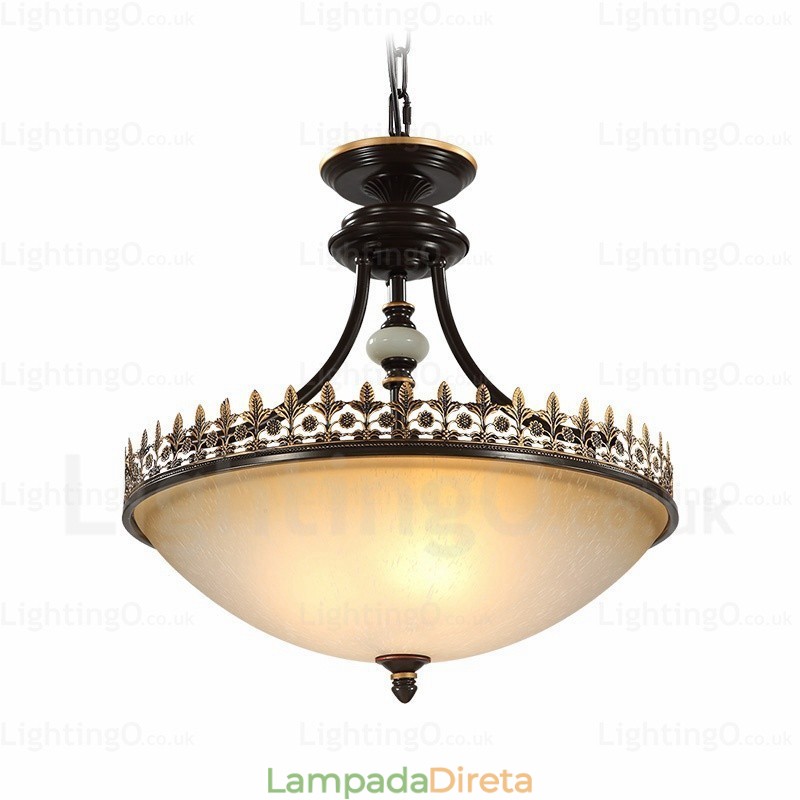 Luminária pendente rústica de 3 luzes com cúpula de vidro