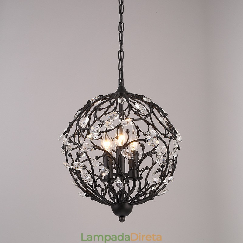 Luminária pendente de cristal globo retrô vintage com 3 luzes
