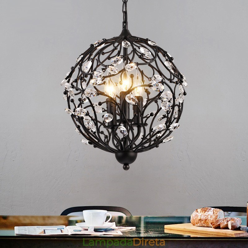 Luminária pendente de cristal globo retrô vintage com 3 luzes