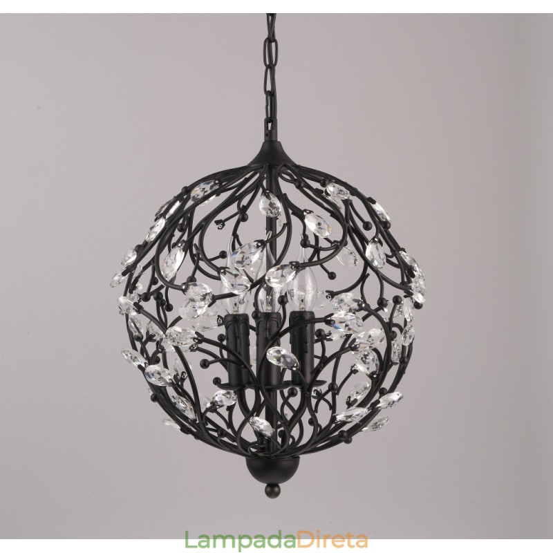 Luminária pendente de cristal globo retrô vintage com 3 luzes