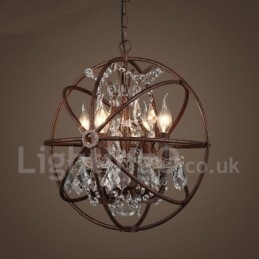 4 Diâmetro de luz 40CM Globo de cristal vintage Pintura Lustre de metal Cor enferrujada Luz pendente