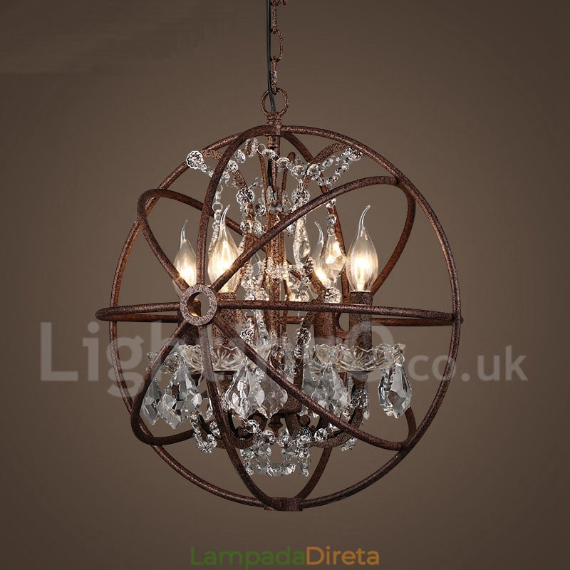 4 Diâmetro de luz 40CM Globo de cristal vintage Pintura Lustre de metal Cor enferrujada Luz pendente