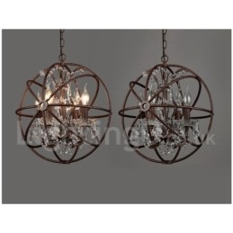 4 Diâmetro de luz 40CM Globo de cristal vintage Pintura Lustre de metal Cor enferrujada Luz pendente