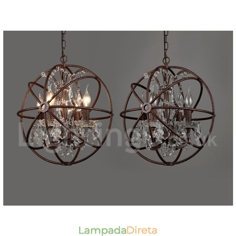 4 Diâmetro de luz 40CM Globo de cristal vintage Pintura Lustre de metal Cor enferrujada Luz pendente