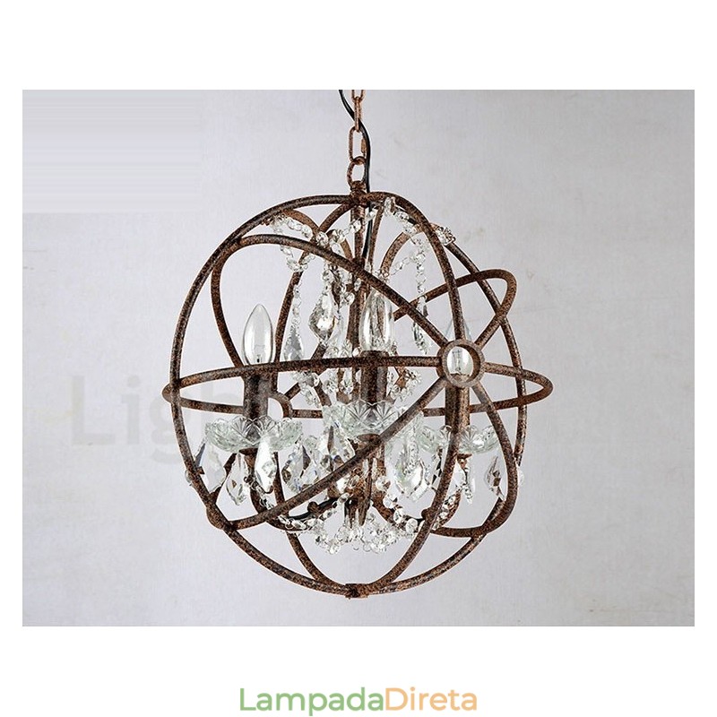 4 Diâmetro de luz 40CM Globo de cristal vintage Pintura Lustre de metal Cor enferrujada Luz pendente