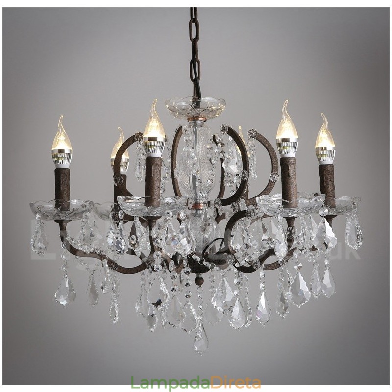 6 Diâmetro de luz 60CM Pintura de cristal vintage Lustre de metal Cor de ferro enferrujado Luz pendente