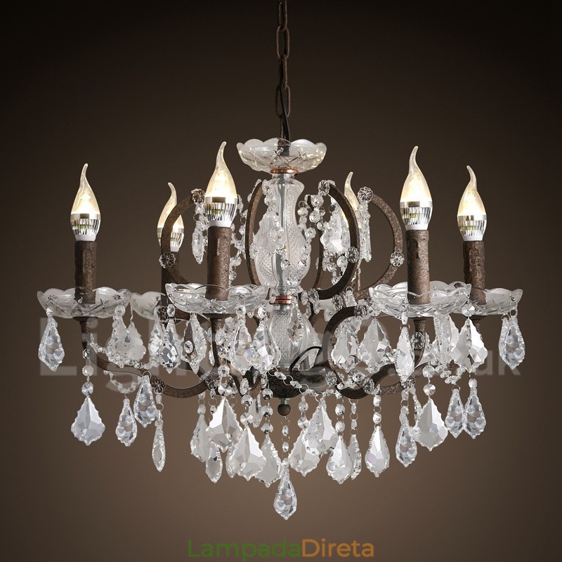 6 Diâmetro de luz 60CM Pintura de cristal vintage Lustre de metal Cor de ferro enferrujado Luz pendente