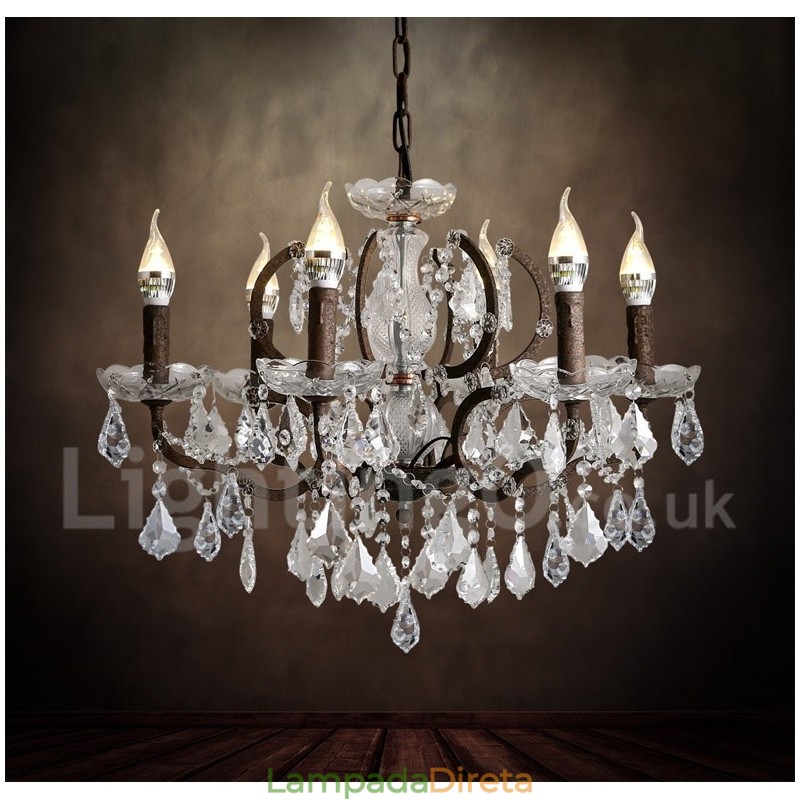 6 Diâmetro de luz 60CM Pintura de cristal vintage Lustre de metal Cor de ferro enferrujado Luz pendente