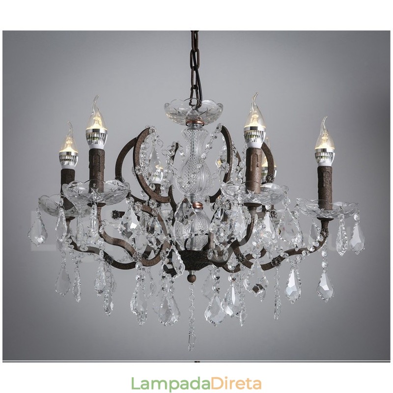 6 Diâmetro de luz 60CM Pintura de cristal vintage Lustre de metal Cor de ferro enferrujado Luz pendente