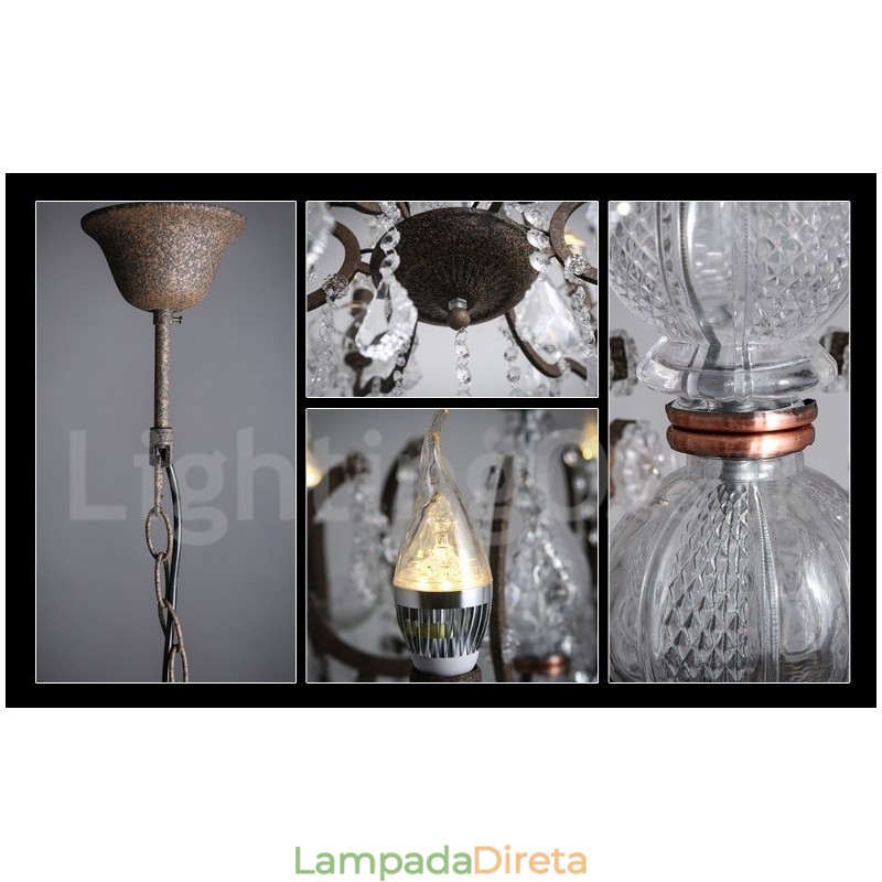 6 Diâmetro de luz 60CM Pintura de cristal vintage Lustre de metal Cor de ferro enferrujado Luz pendente