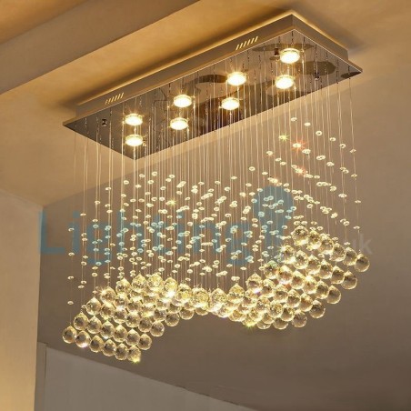 Lustre moderno contemporâneo, luminária pendente embutida, luz de gota de chuva de cristal Lustre moderno contemporâneo, luminária pendente embutida, luz de gota de chuva de cristal
