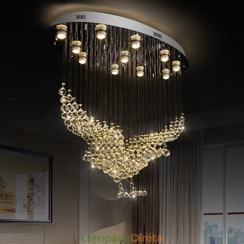 Lustre moderno contemporâneo, luminária pendente embutida, luz de gota de chuva de cristal