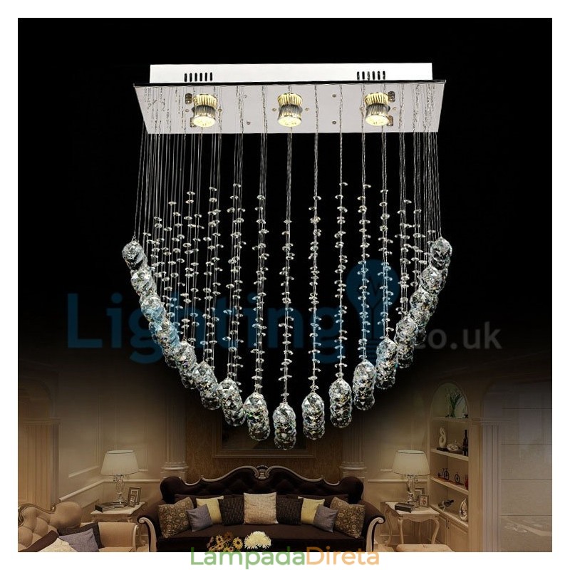 Lustre moderno contemporâneo, luminária pendente embutida, luz de gota de chuva de cristal
