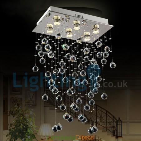 Lustre moderno contemporâneo, luminária pendente embutida, luz de gota de chuva de cristal Lustre moderno contemporâneo, luminária pendente embutida, luz de gota de chuva de cristal