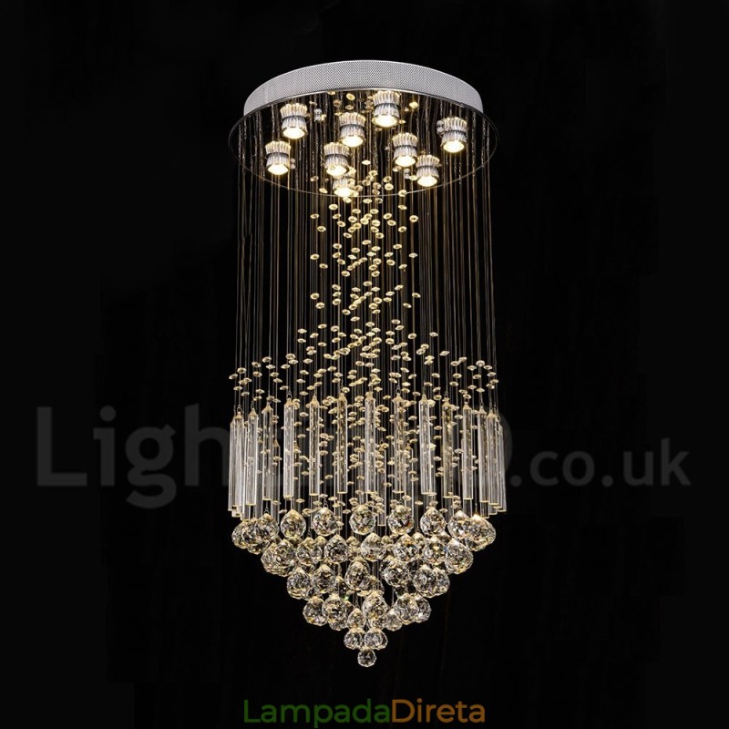 Lustre moderno contemporâneo, luminária pendente embutida, luz de gota de chuva de cristal
