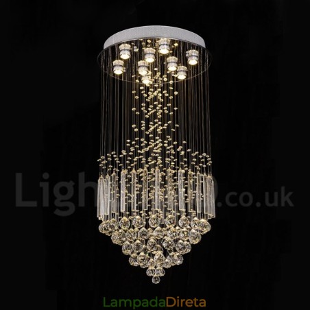 Lustre moderno contemporâneo, luminária pendente embutida, luz de gota de chuva de cristal Lustre moderno contemporâneo, luminária pendente embutida, luz de gota de chuva de cristal