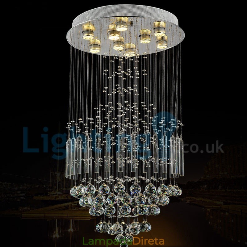 Lustre moderno contemporâneo, luminária pendente embutida, luz de gota de chuva de cristal