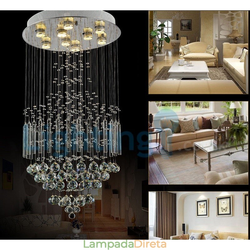 Lustre moderno contemporâneo, luminária pendente embutida, luz de gota de chuva de cristal
