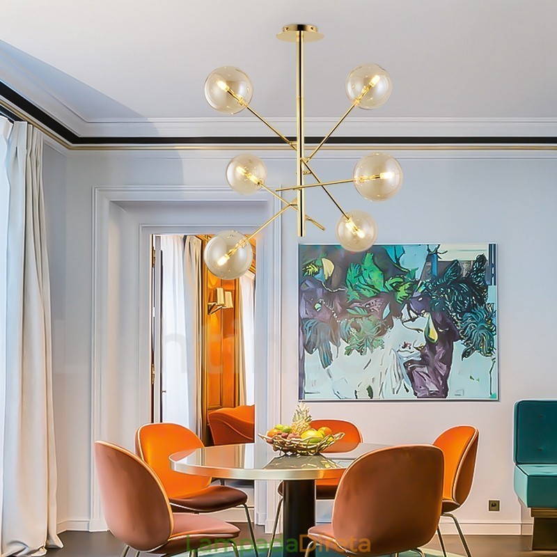 6 Luzes Nordic Lâmpada Lustre Simples Criativo Retro Ferro Bola De Vidro Feijão Mágico Lustre