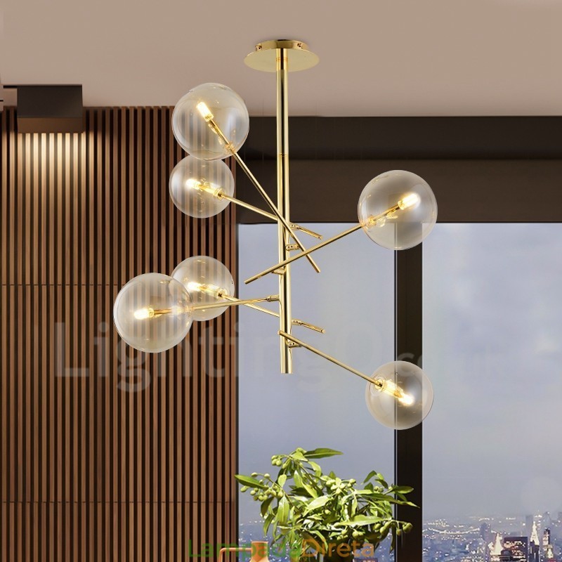 6 Luzes Nordic Lâmpada Lustre Simples Criativo Retro Ferro Bola De Vidro Feijão Mágico Lustre